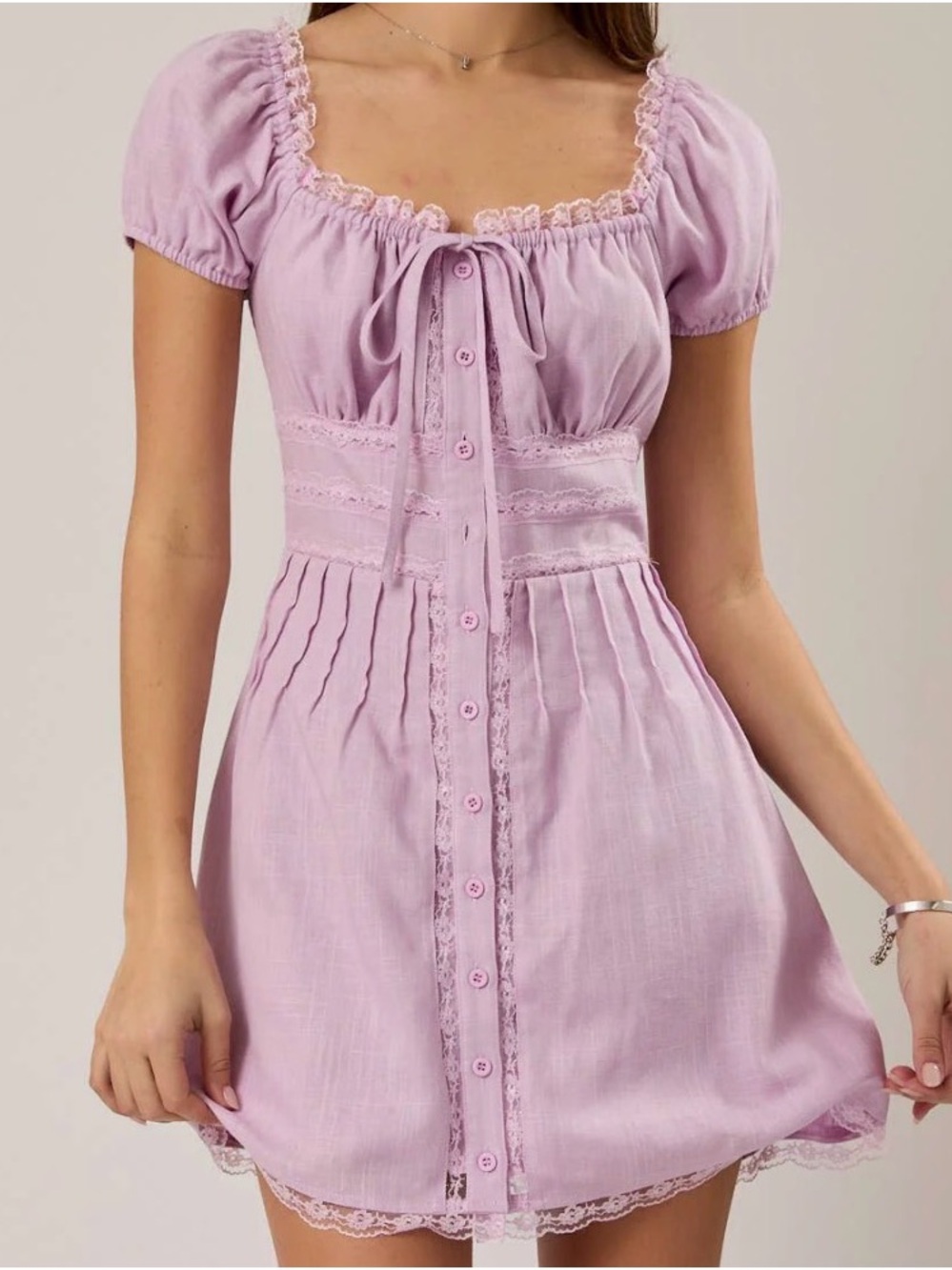 Le Lis Lilac Lace-Trim Puff Sleeve Mini Dress
